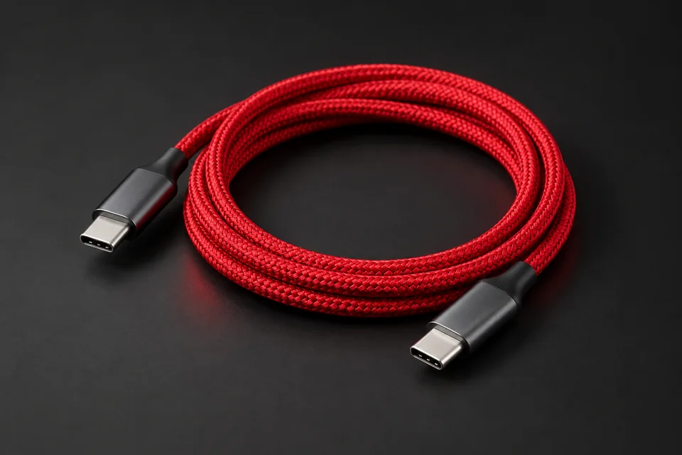 Cabo USB-C trançado vermelho com conectores metálicos