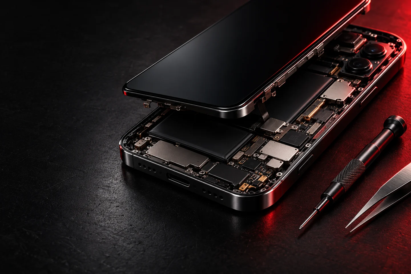 Tela separada do chassi de um celular sobre uma bancada de reparo