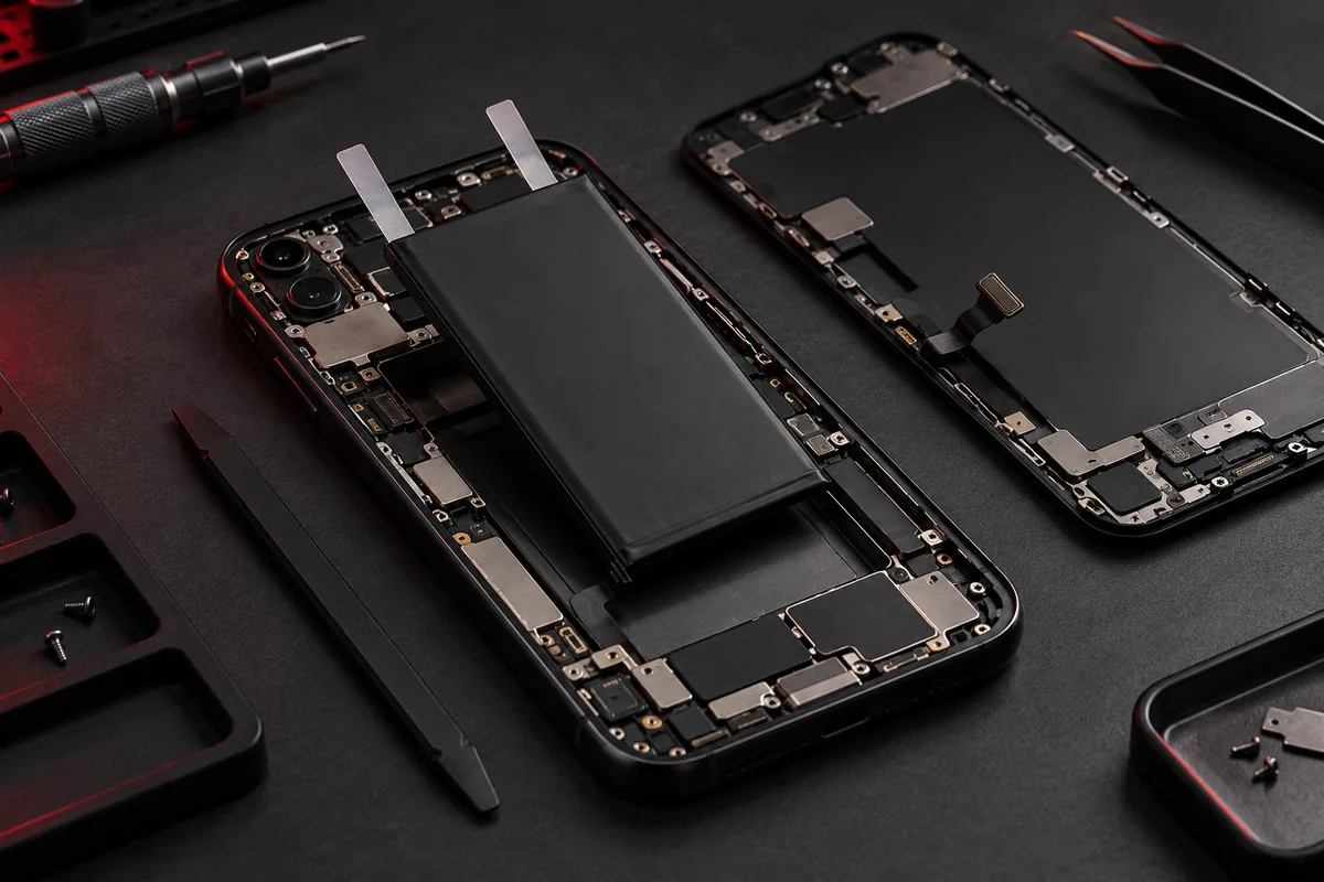 Bateria sendo removida do compartimento de um celular aberto