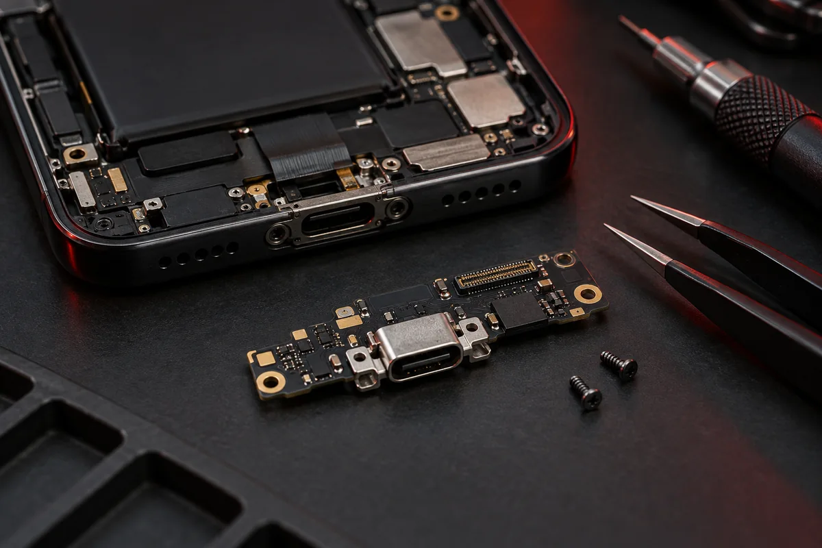 Módulo de conector USB-C ao lado de um celular aberto e ferramentas de precisão