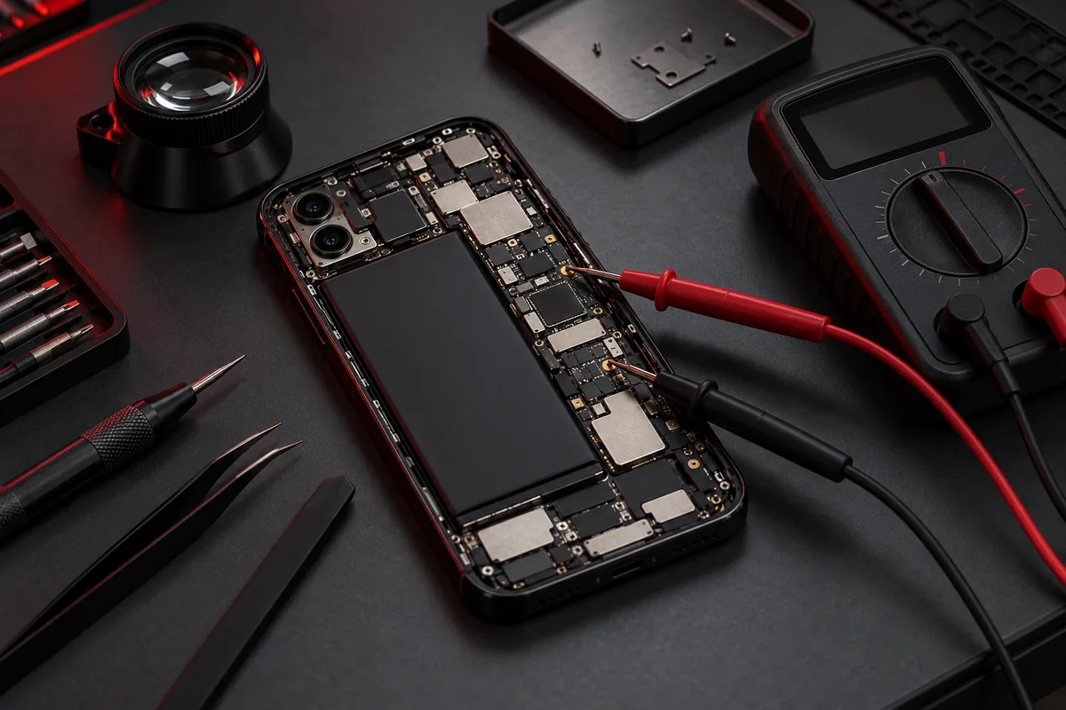 Placa de celular com pontas de prova de um multímetro para diagnóstico eletrônico